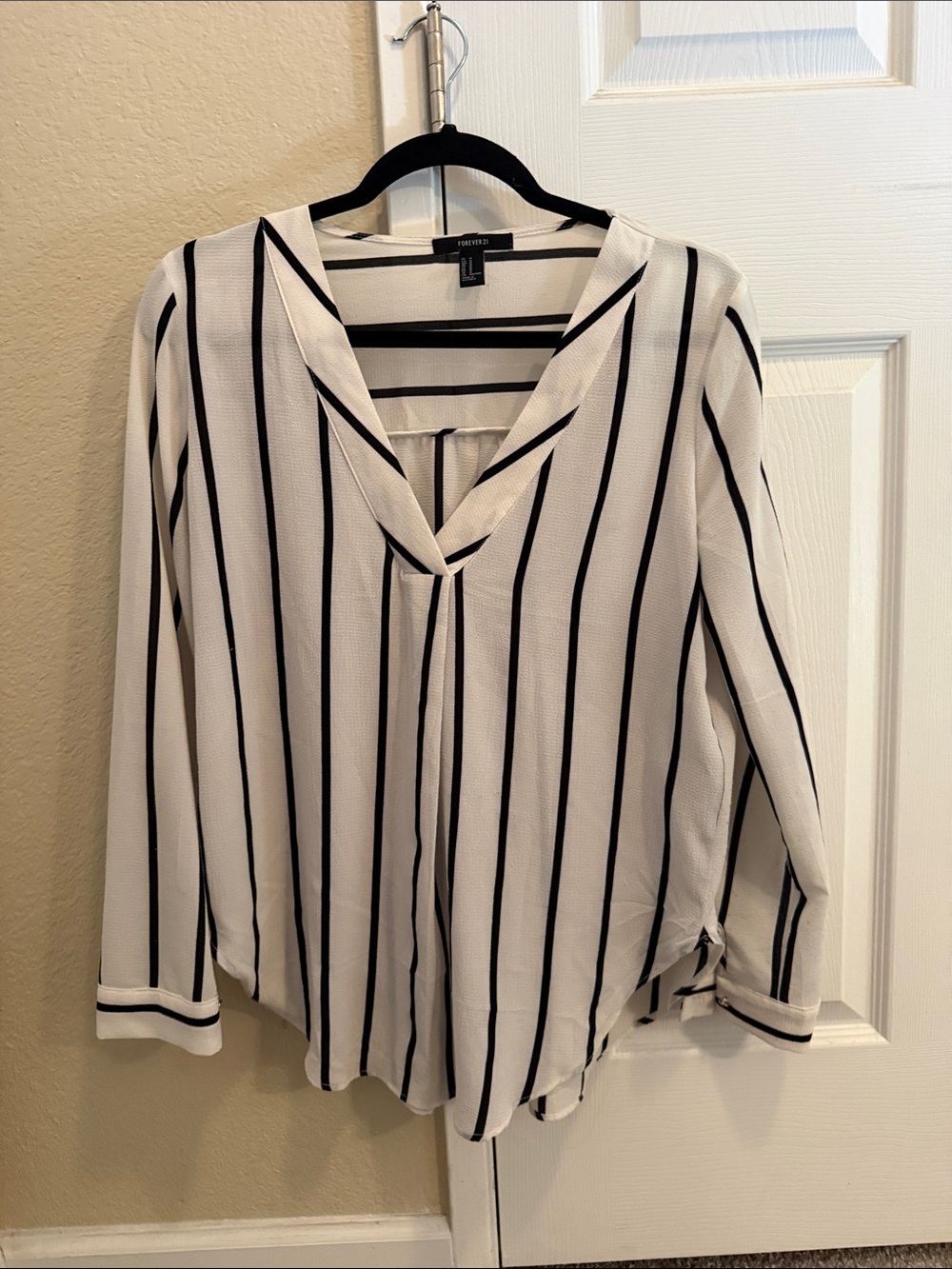 Forever 21 White Blouse with Black Vertical Stripes